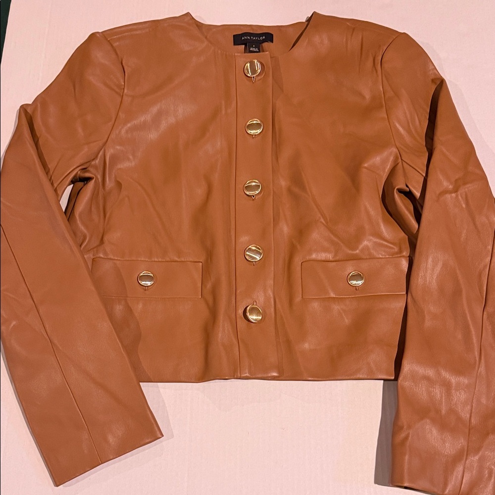 Ann Taylor Tan Leather Jacket with Gold Buttons